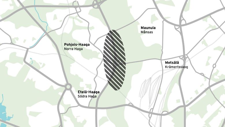 Karttakuva urakka-alueesta. Kuvaan on merkitty Nuijamiestentien ja Metsäläntien ympäröivä alue.